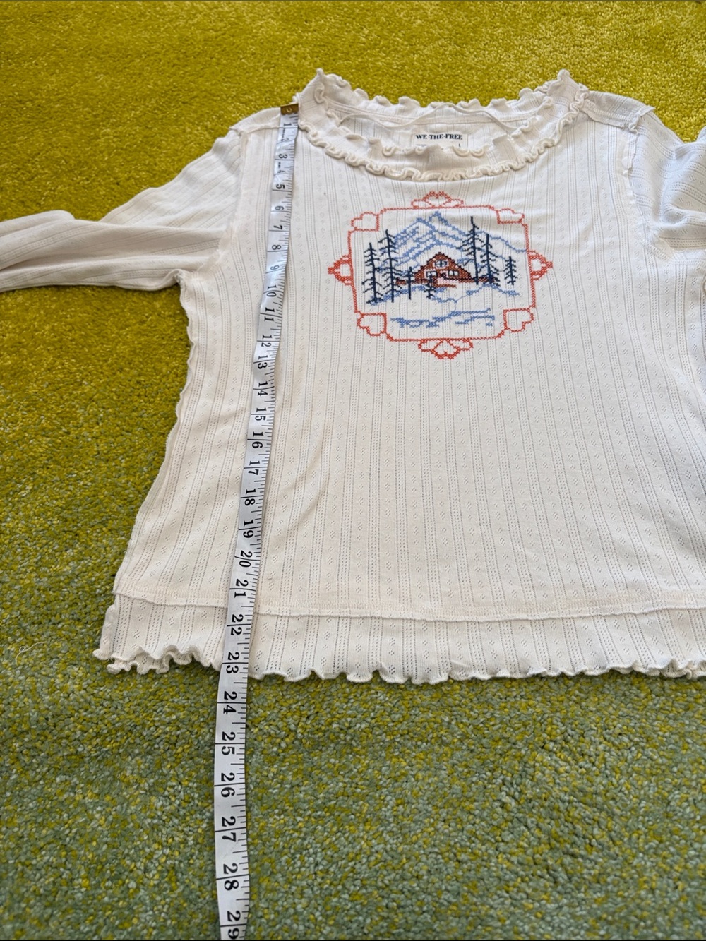 We The Free Cream Ruffled Neck Ribbed Top with Embroidered Detail - Picture 7 of 12